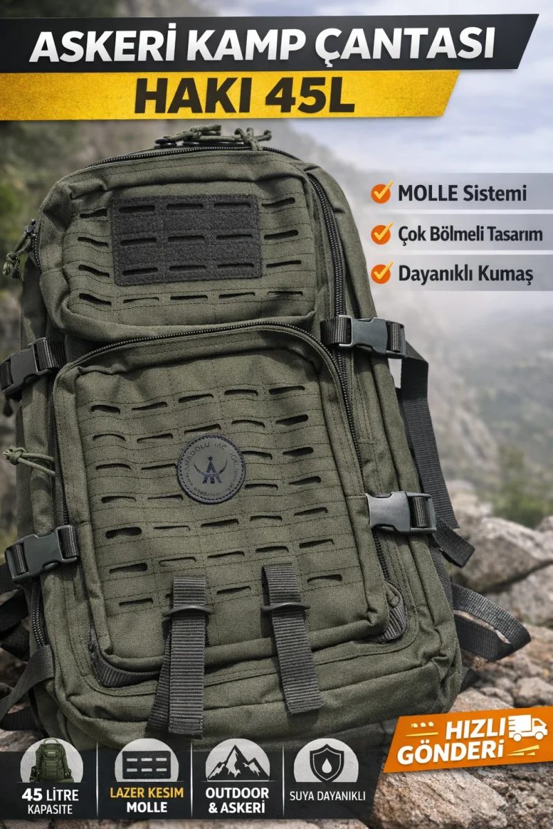 Anadolu Tactical 45L Askeri Taktik Sırt Çantası Haki – Outdoor Kamp Trekking Dağcı Çantası